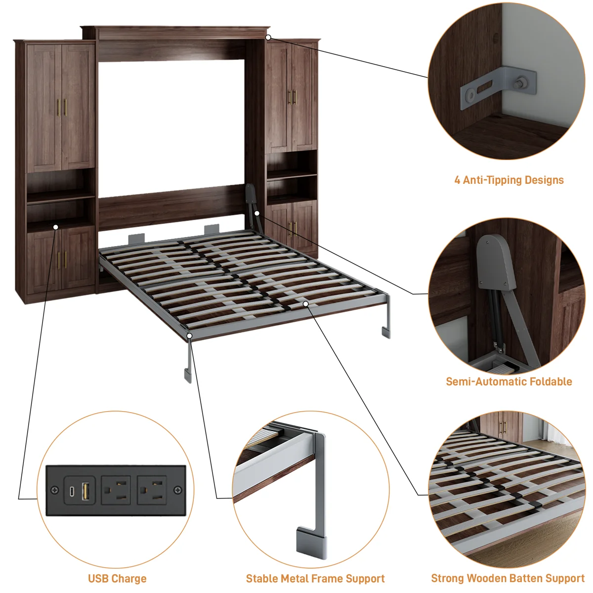 Murphy Bed With Storage Cabinet Shelves, Queen Wall Bed And USB Port - Image 3