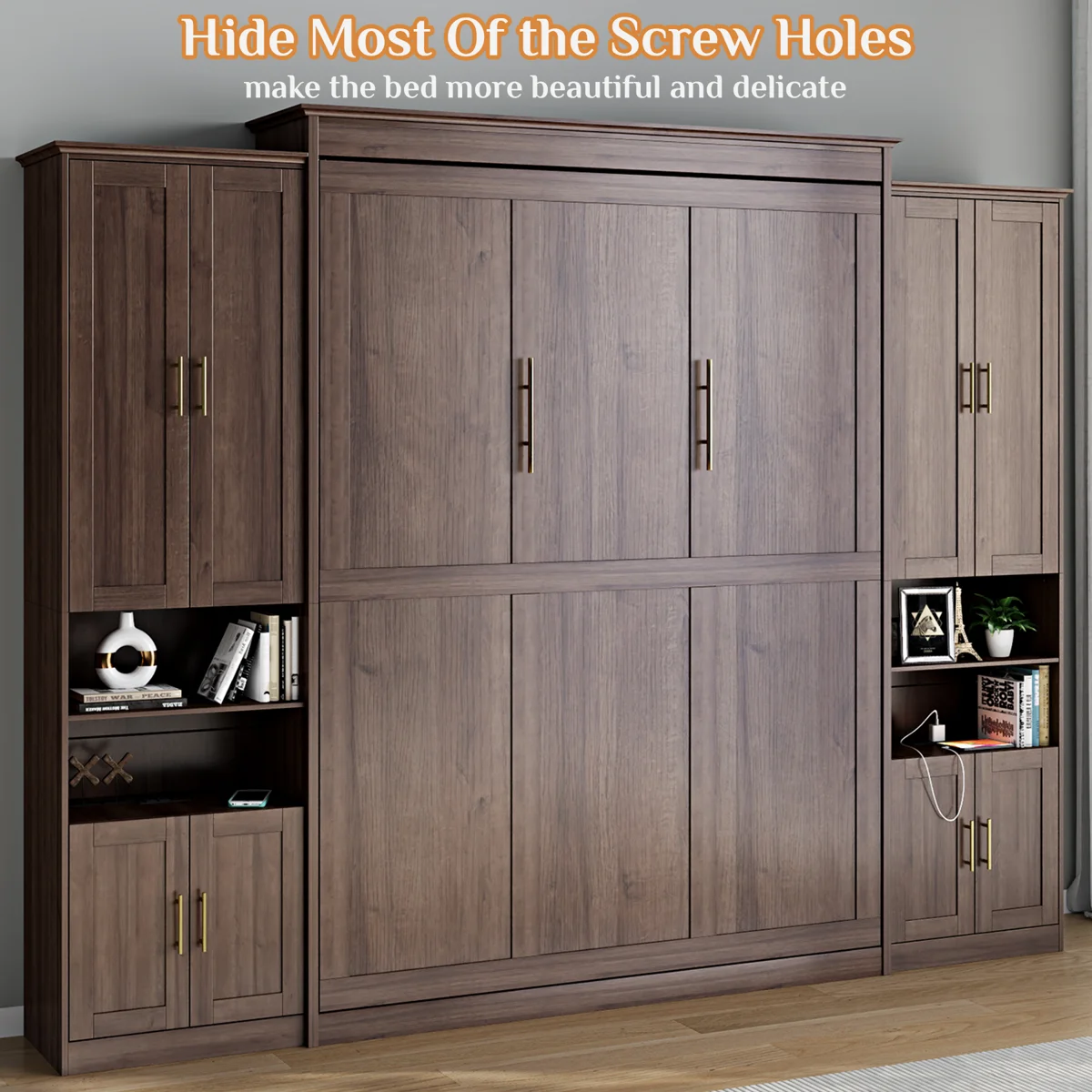 Murphy Bed With Storage Cabinet Shelves, Queen Wall Bed And USB Port - Image 2