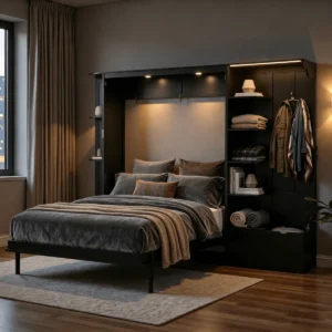 Murphy bed with storage and lights, wall bed with built-in storage, LED Murphy bed, space saving furniture, Murphy Nest wall beds, modern fold-down bed