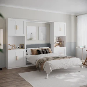 Queen Murphy Bed With Storage Cabinet, Hidden Foldable Wall Cabinet Bed, Murphy Nest wall beds, space saving queen bed with shelves, Murphy bed with bookcase storage