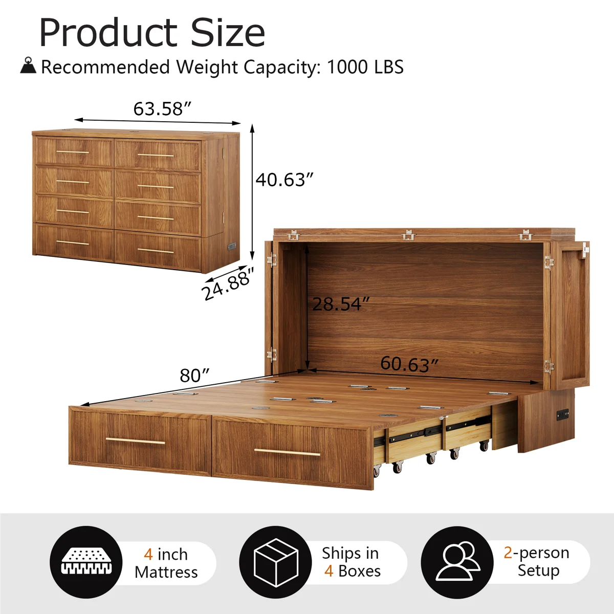 Queen Murphy Bed with Mattress & Storage Drawer, Built-in Charging Station, Space Saving, Rustic Walnut - Image 8