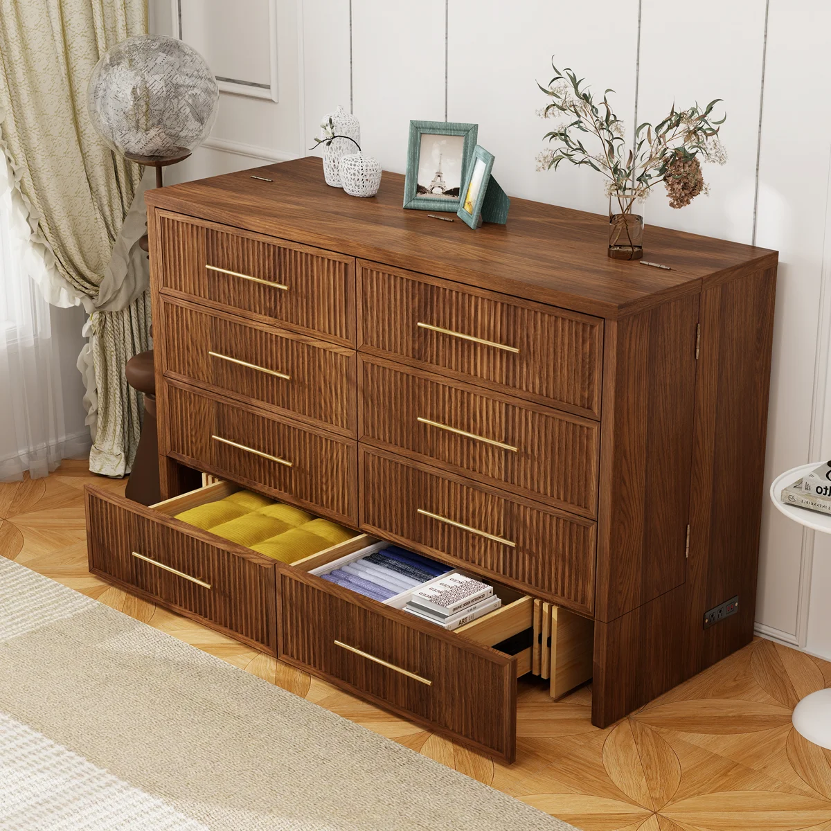 Queen Murphy Bed with Mattress & Storage Drawer, Built-in Charging Station, Space Saving, Rustic Walnut - Image 7