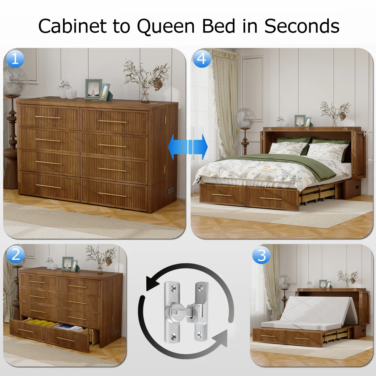 Queen Murphy Bed with Mattress & Storage Drawer, Built-in Charging Station, Space Saving, Rustic Walnut - Image 4