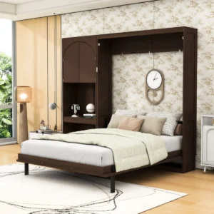 Queen Murphy Bed with Storage Cabinet and LED Lighting, Murphy Nest, space-saving bed, wall bed with storage, modern wall bed, hidden bed cabinet, space-saving furniture