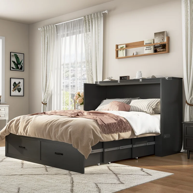 Queen Size Farmhouse Wood Murphy Chest Bed, Murphy Nest, hidden folding storage cabinet bed, space saving chest bed with charging station, farmhouse cabinet bed with drawer, convertible bed for home office