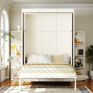 Queen Size Murphy Bed, 360 Rotating Wall Bed, Wood Murphy Bed, Multi-Layer Shelving Wall Bed, Contemporary Rotating Bed, Multi-Functional Room Furniture, Murphy Nest