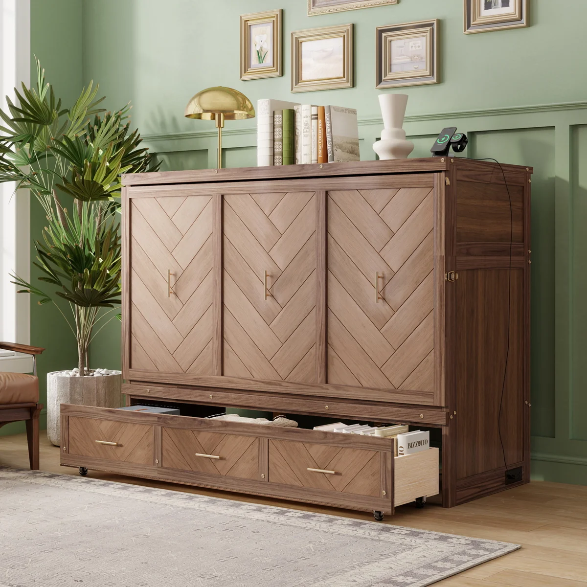 Queen Size Murphy Bed, Pine Wood Cabinet Bed with Built-in USB Charging Station and Geometrical Decoration Panel,Light Walnut - Image 8