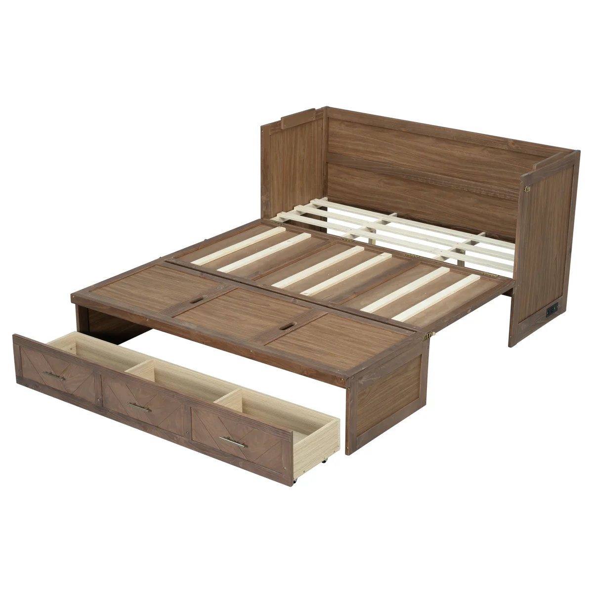 Queen Size Murphy Bed, Pine Wood Cabinet Bed with Built-in USB Charging Station and Geometrical Decoration Panel,Light Walnut - Image 7