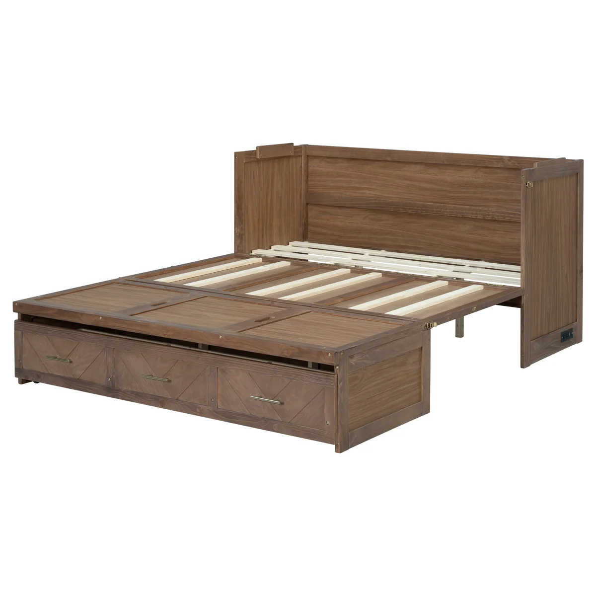 Queen Size Murphy Bed, Pine Wood Cabinet Bed with Built-in USB Charging Station and Geometrical Decoration Panel,Light Walnut - Image 6