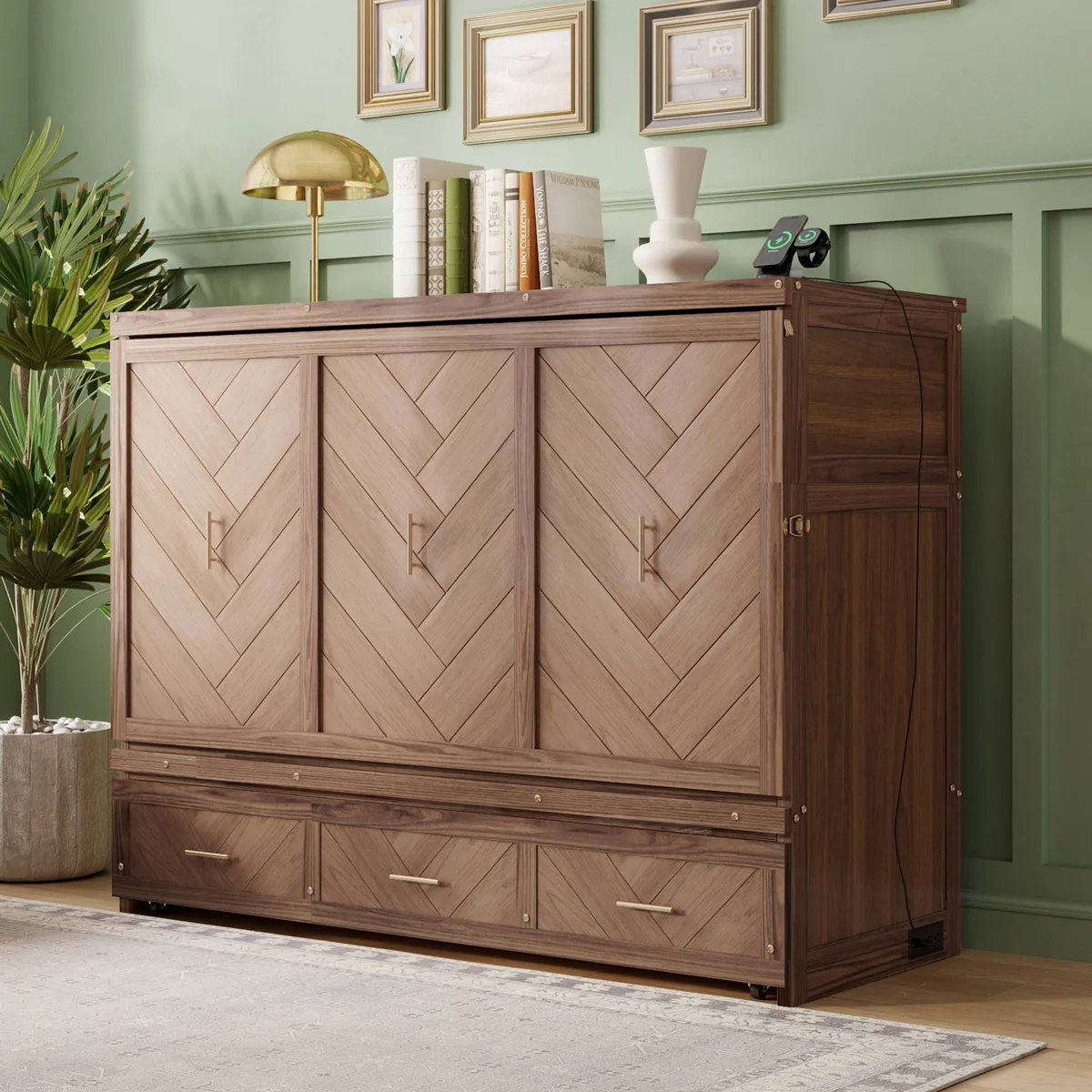 Queen Size Murphy Bed, Pine Wood Cabinet Bed with Built-in USB Charging Station and Geometrical Decoration Panel,Light Walnut - Image 3