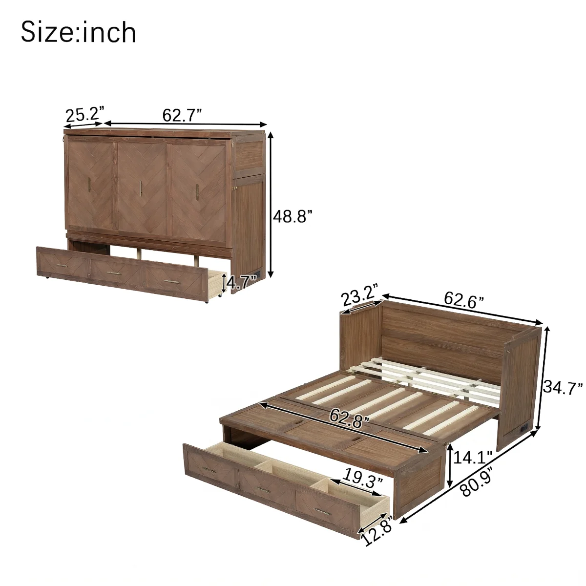 Queen Size Murphy Bed, Pine Wood Cabinet Bed with Built-in USB Charging Station and Geometrical Decoration Panel,Light Walnut - Image 4