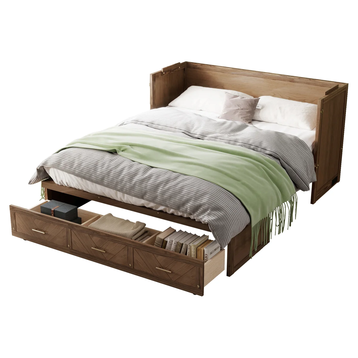 Queen Size Murphy Bed, Pine Wood Cabinet Bed with Built-in USB Charging Station and Geometrical Decoration Panel,Light Walnut - Image 2
