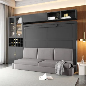Queen Size Murphy Bed Wall Bed with Sofa, gray murphy bed with couch, wall bed with built in shelves and usb, modern gray fold down bed with lights, space saving wall bed couch combo, Murphy Nest furniture