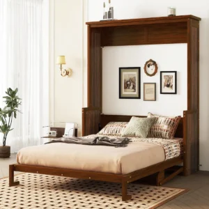Queen Size Wood Murphy Bed with Gas Struts, Space-Saving Hidden Wall Bed Cabinet, Murphy Nest wall bed, walnut murphy bed, guest room fold out bed, wooden murphy bed cabinet