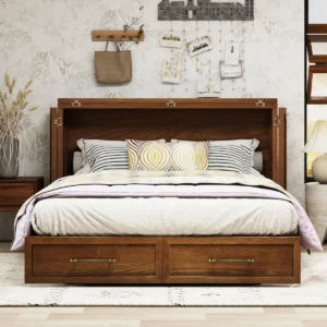 solid wood queen murphy bed, queen murphy bed with storage, mid-century modern cabinet bed, brown toffee murphy bed, wall bed with built-in charging station, Murphy Nest multi-functional furniture, space-saving wooden queen bed