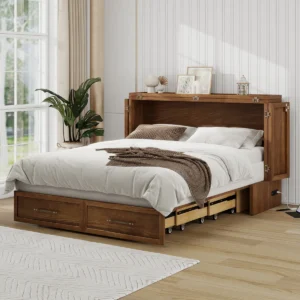 Solid Wood Queen Murphy Bed, Rustic Walnut Murphy Bed, Murphy Bed with Storage Drawer, Murphy Bed with Charging Station, Murphy Bed Mattress Included, Murphy Nest wall beds, space saving queen bed, wooden pull down bed