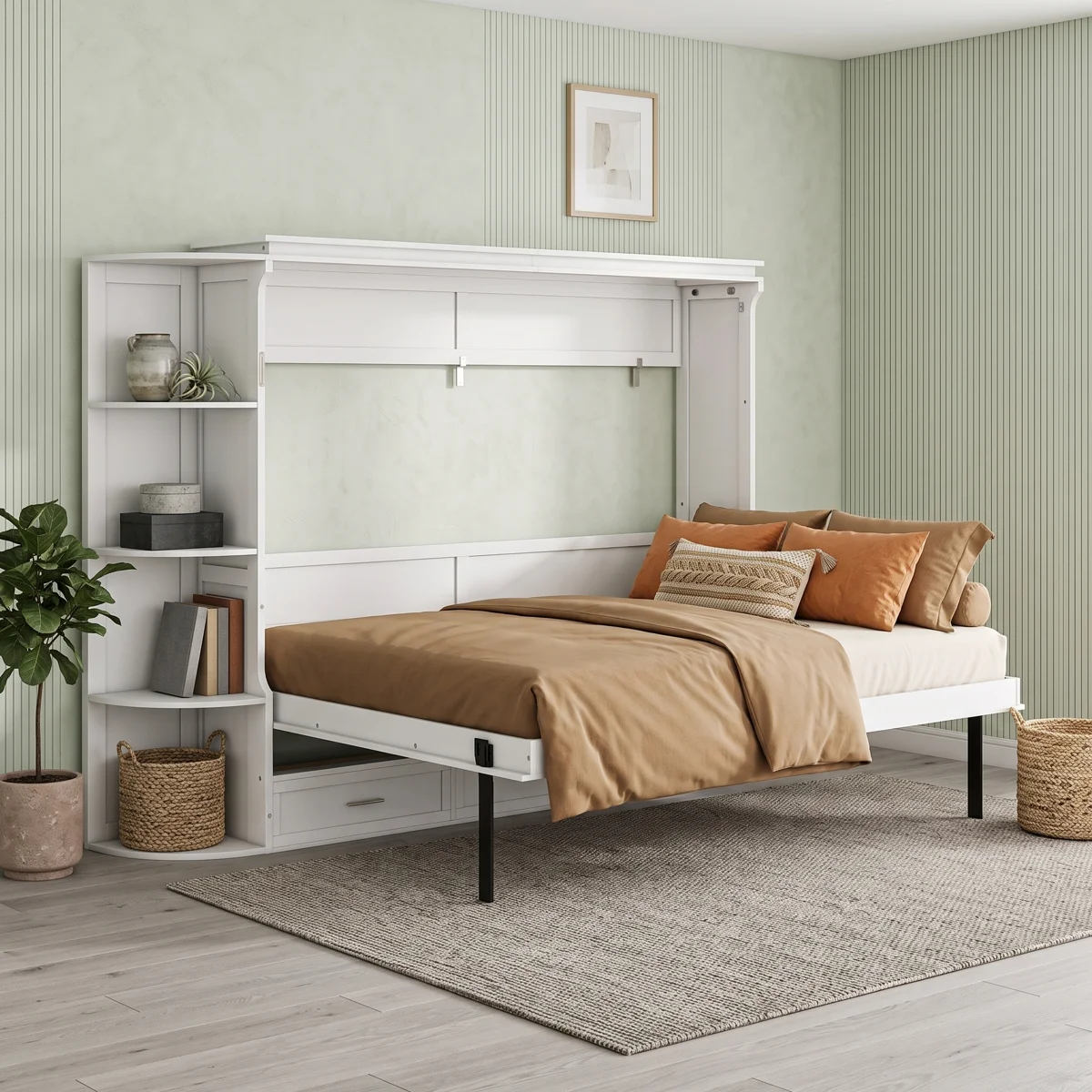 Murphy bed with side shelves and drawers, space-saving Murphy bed, wall bed with storage, Murphy Nest built-in bed, multifunctional furniture, fold-down bed with shelves