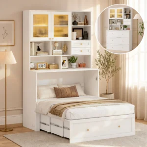 space-saving Murphy bed with LED lighting, modern wall bed with storage, Murphy Nest wall beds, Murphy bed with charging station, guest room wall bed system, pull down bed with display cabinet
