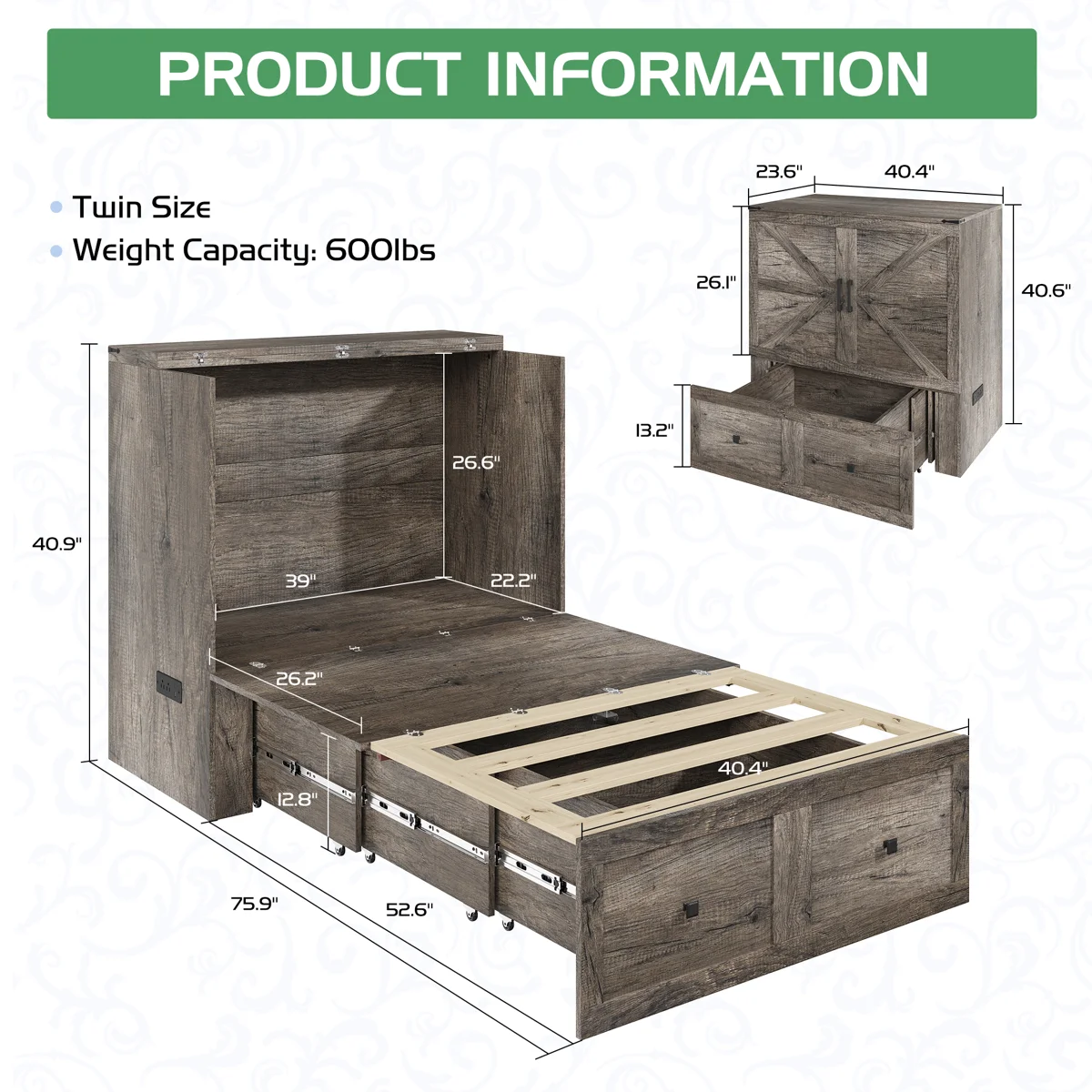 Wilkinson Farmhouse Full Murphy Bed With Large Storage Drawer & Charging Station, Gray - Image 9