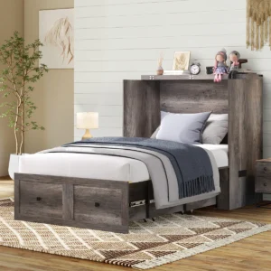 Wilkinson Farmhouse Full Murphy Bed, Gray Murphy Bed with Storage, Murphy Nest fold away bed, full size wall bed with charging station, modern farmhouse furniture, space saving bed with drawer