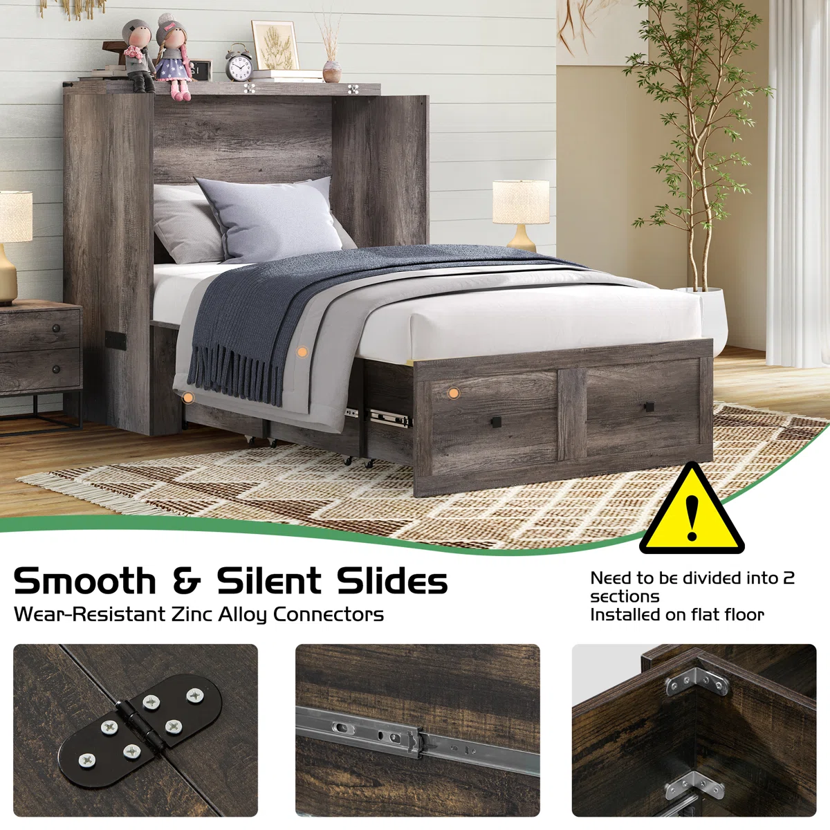 Wilkinson Farmhouse Full Murphy Bed With Large Storage Drawer & Charging Station, Gray - Image 6