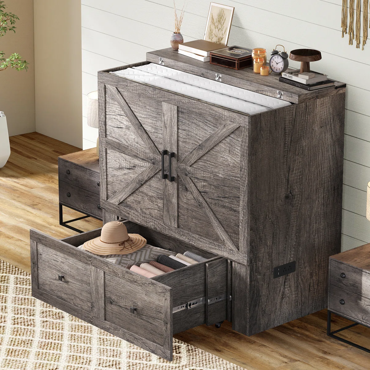 Wilkinson Farmhouse Full Murphy Bed With Large Storage Drawer & Charging Station, Gray - Image 5