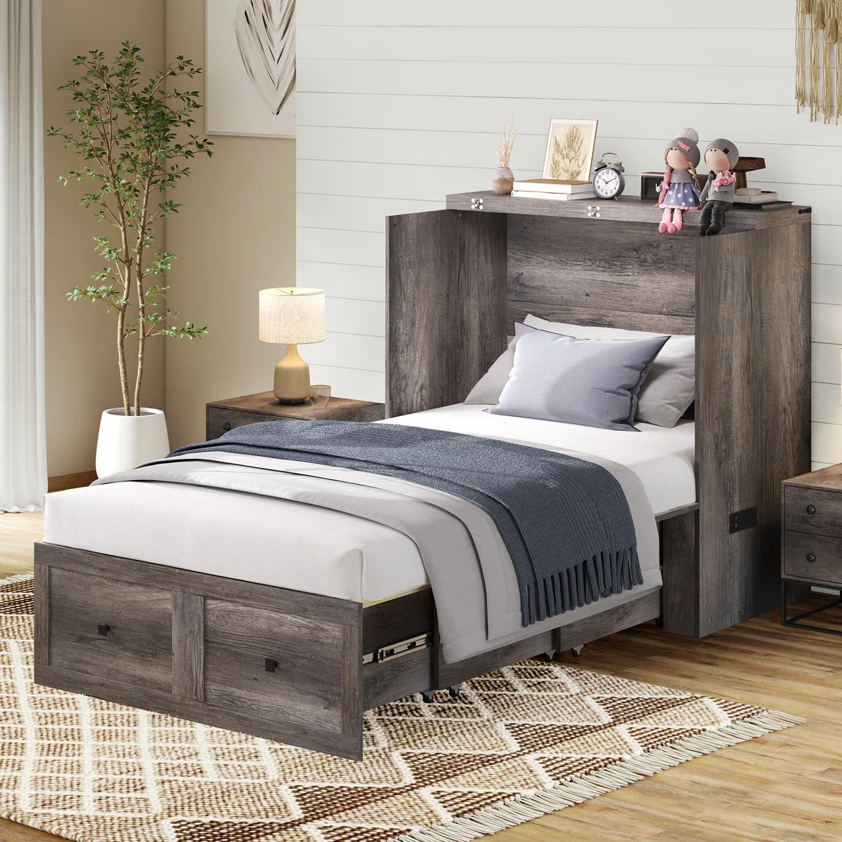 Wilkinson Farmhouse Full Murphy Bed With Large Storage Drawer & Charging Station, Gray - Image 4