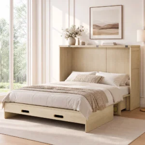 Wrought Studio Farmhouse Rattan Queen Size Cabinet Murphy Bed with Storage Drawers, Charging Station & Mattress
