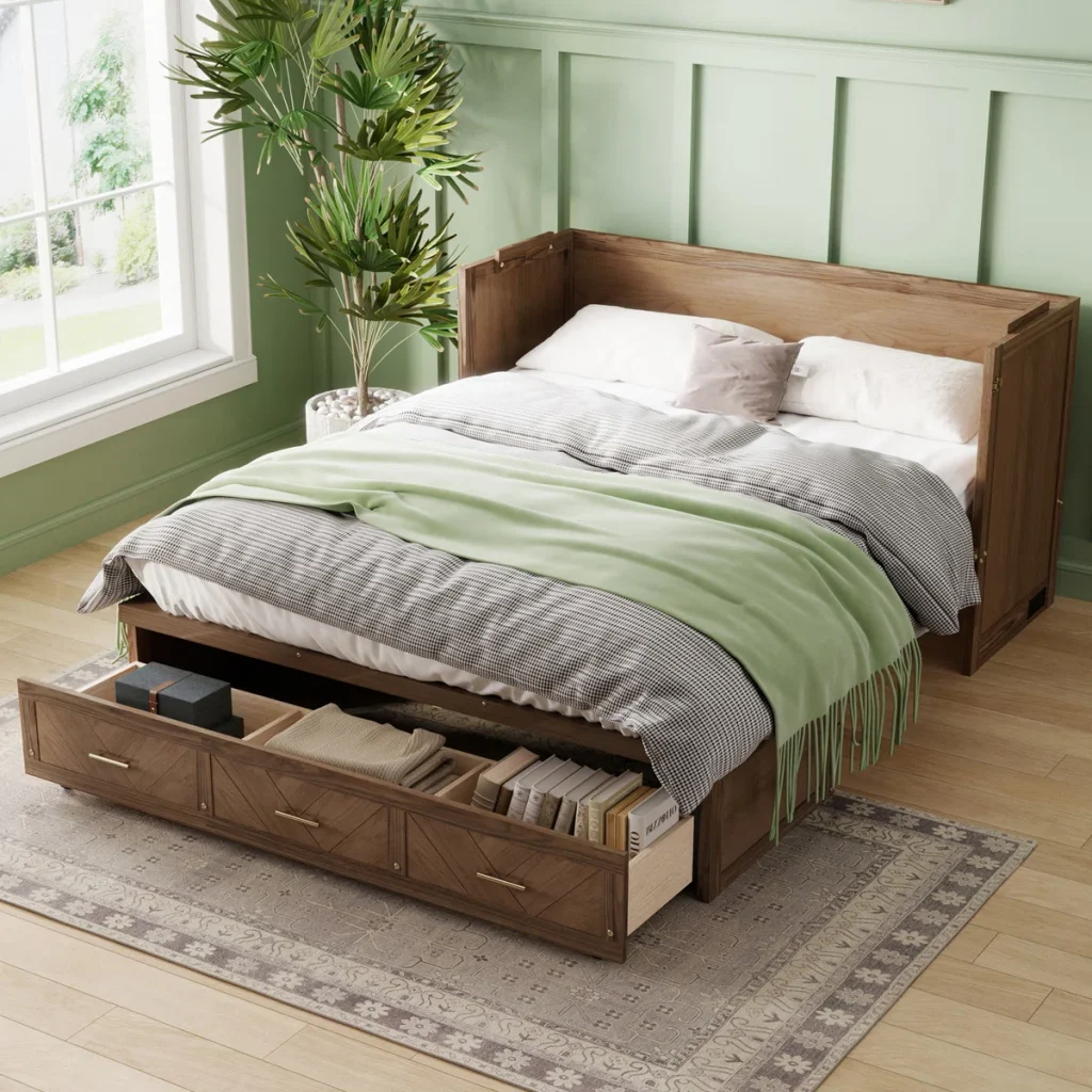 Queen Murphy bed with storage, space saving wall bed, fold down queen bed with cabinets, Murphy Nest wall beds, hideaway queen bed with built-in storage, Murphy bed cabinet with drawers